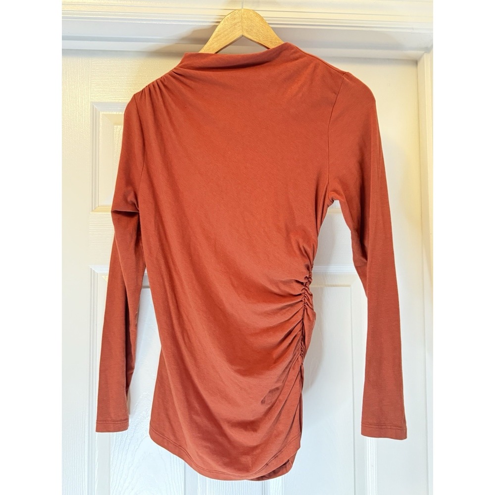 Habitual Top Womens Large Rust Orange Asymmetrical Ruched Mock Neck Long Sleeve